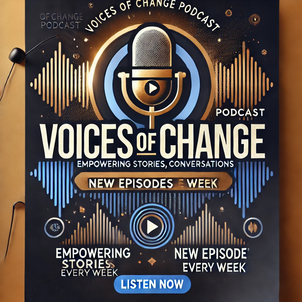 DALL·E 2025-03-18 16.21.52 - A modern and engaging podcast flyer for 'Voices of Change Podcast'. The design should be bold and dynamic, featuring a microphone icon, soundwave elem